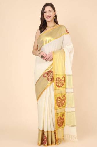 off white zari work pure cotton kasavu saree without blouse