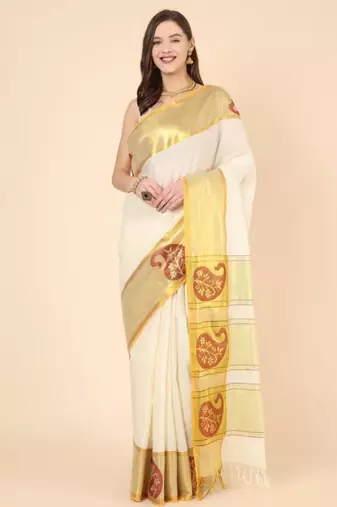 off white zari work pure cotton kasavu saree without blouse