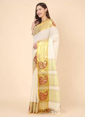 off white zari work pure cotton kasavu saree without blouse 2