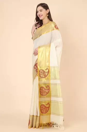 off white zari work pure cotton kasavu saree without blouse
