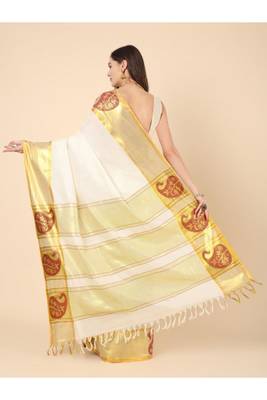 off white zari work pure cotton kasavu saree without blouse 3