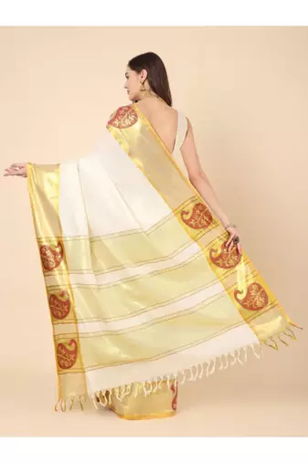 off white zari work pure cotton kasavu saree without blouse
