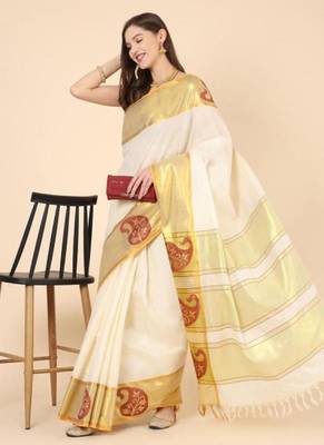 off white zari work pure cotton kasavu saree without blouse 4