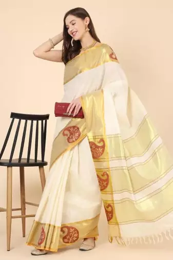 off white zari work pure cotton kasavu saree without blouse