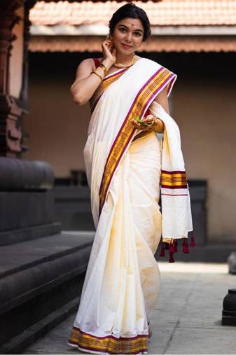 off white zari pure cotton kasavu saree with traditional zari border