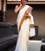 off white zari pure cotton kasavu saree with traditional zari border
