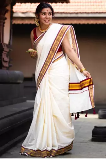 off white zari pure cotton kasavu saree with traditional zari border