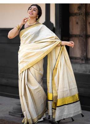 off white pure cotton kasavu saree with zari work 1