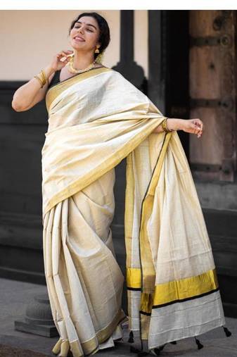 off white pure cotton kasavu saree with zari work