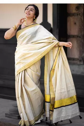off white pure cotton kasavu saree with zari work