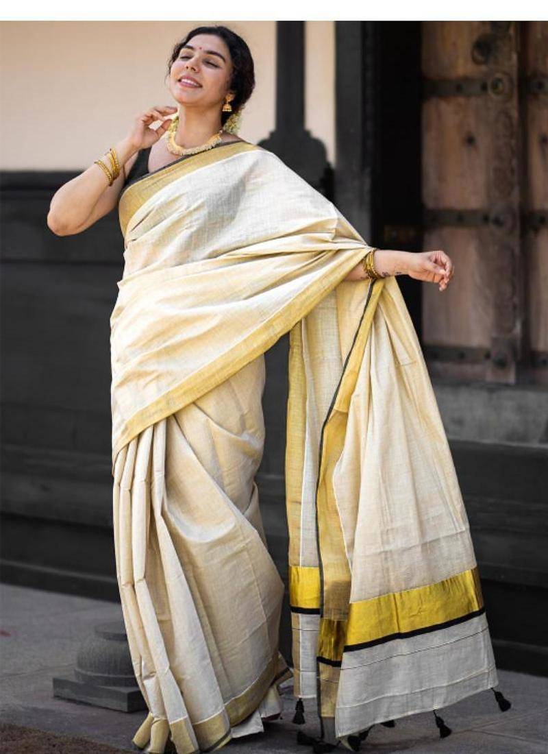 off white pure cotton kasavu saree with zari work