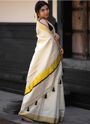 off white pure cotton kasavu saree with zari work 2