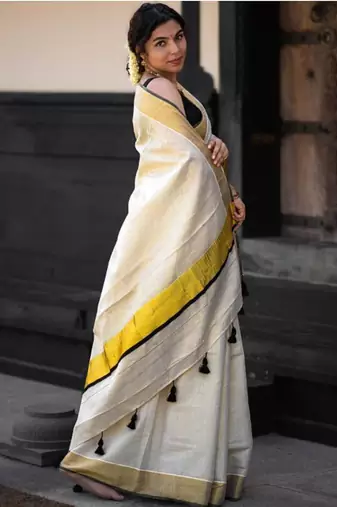 off white pure cotton kasavu saree with zari work