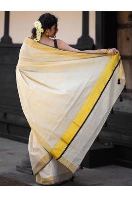 off white pure cotton kasavu saree with zari work 3