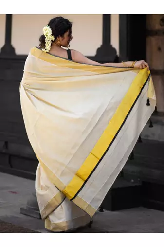 off white pure cotton kasavu saree with zari work