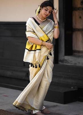 off white pure cotton kasavu saree with zari work 4