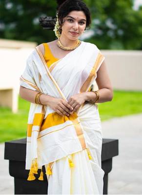 off white zari pure cotton kasavu saree for wedding 2