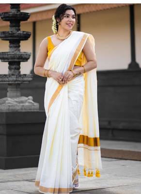 off white zari pure cotton kasavu saree for wedding 1