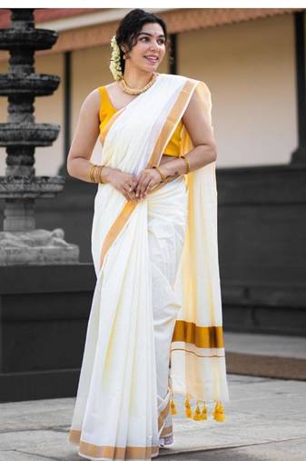 off white zari pure cotton kasavu saree for wedding