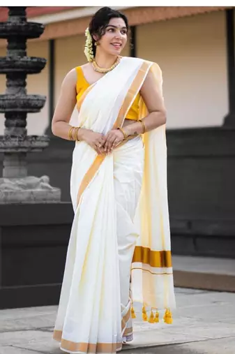 off white zari pure cotton kasavu saree for wedding