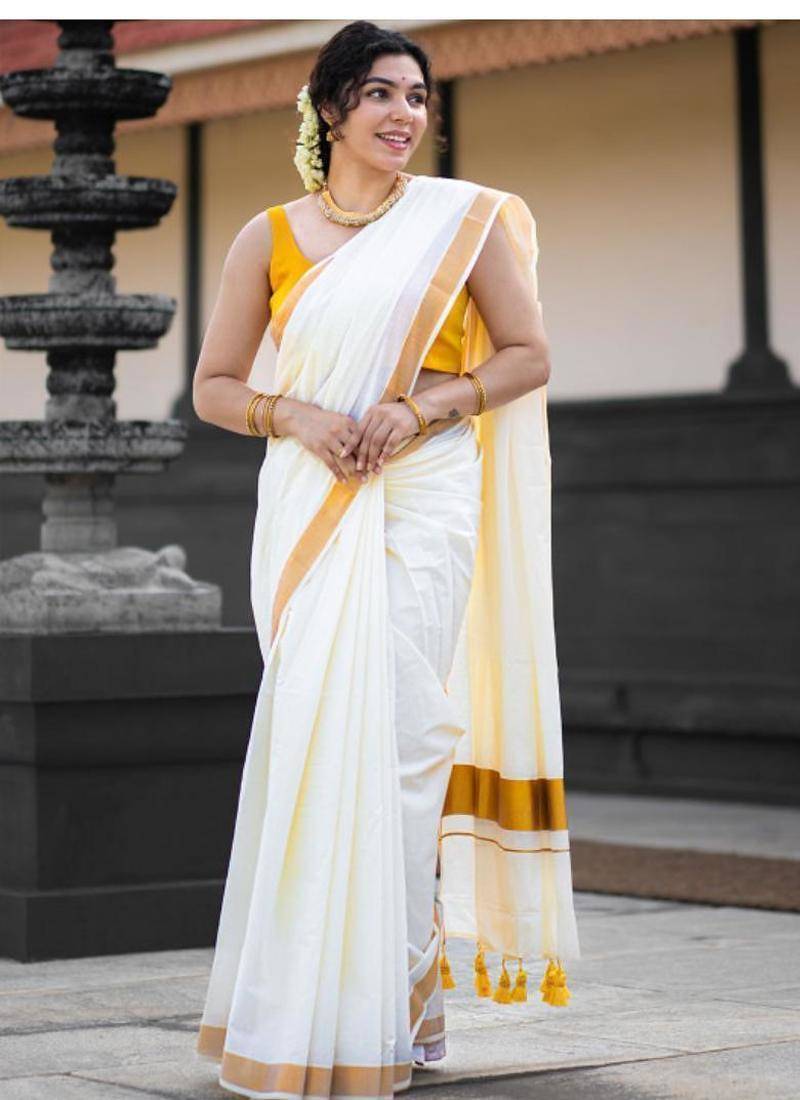 off white zari pure cotton kasavu saree for wedding