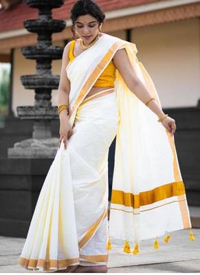 off white zari pure cotton kasavu saree for wedding 3