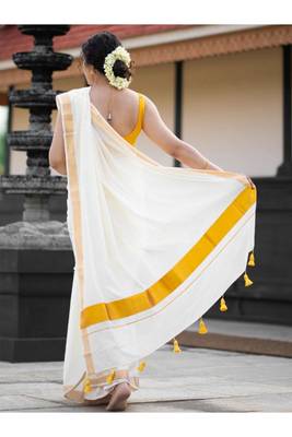 off white zari pure cotton kasavu saree for wedding 4