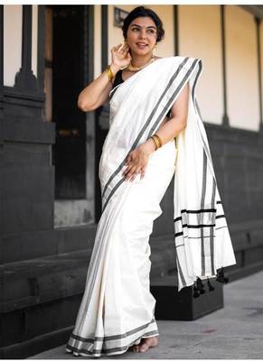 off white pure cotton kasavu saree with gold zari work 1