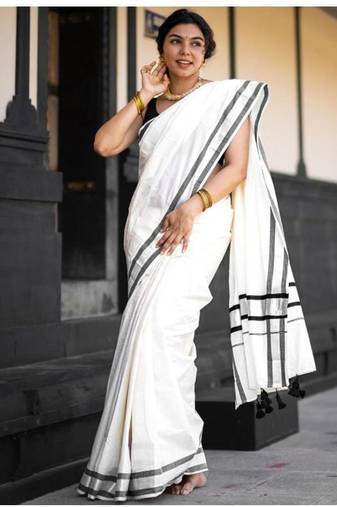 off white pure cotton kasavu saree with gold zari work