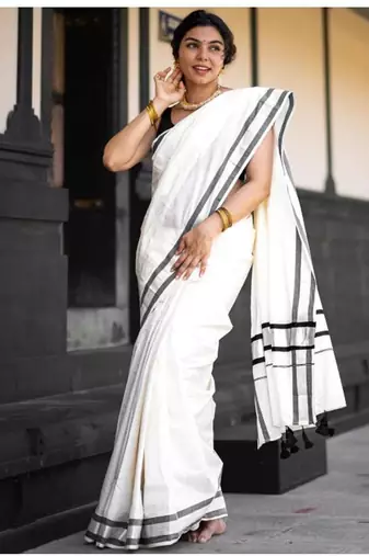 off white pure cotton kasavu saree with gold zari work