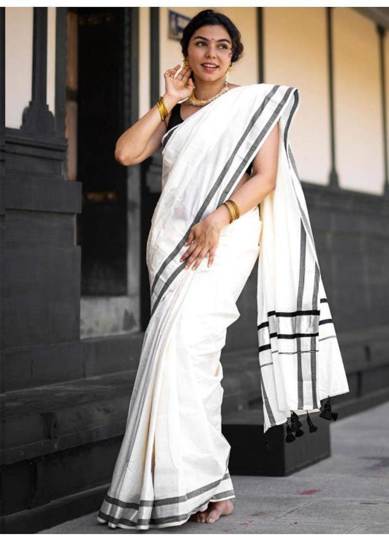 off white pure cotton kasavu saree with gold zari work