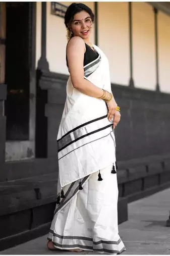 off white pure cotton kasavu saree with gold zari work
