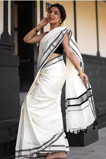 off white pure cotton kasavu saree with gold zari work