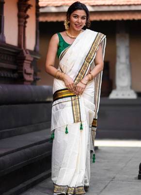 off white pure tissue kasavu saree with blouse piece 1