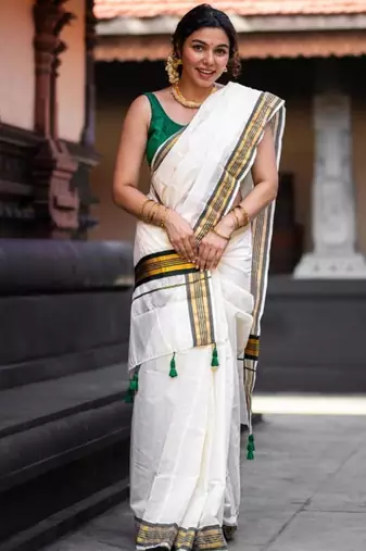 off white pure tissue kasavu saree with blouse piece