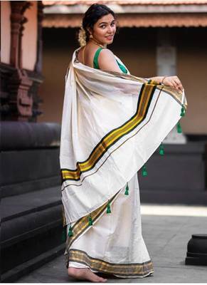 off white pure tissue kasavu saree with blouse piece 3