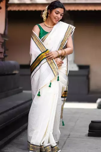 off white pure tissue kasavu saree with blouse piece