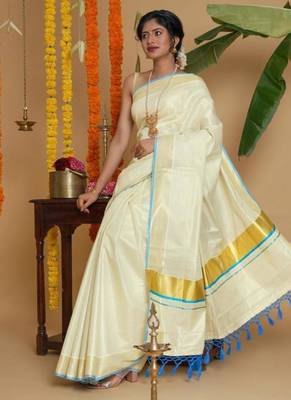 off white zari organza kasavu saree with blouse 1