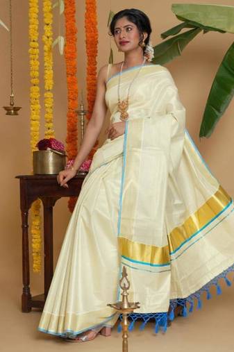 off white zari organza kasavu saree with blouse