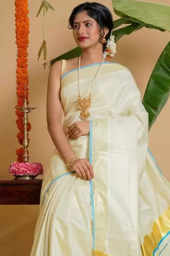 off white zari organza kasavu saree with blouse