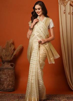 white zari cotton blend kasavu saree with blouse 2