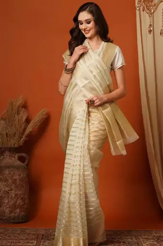 white zari cotton blend kasavu saree with blouse