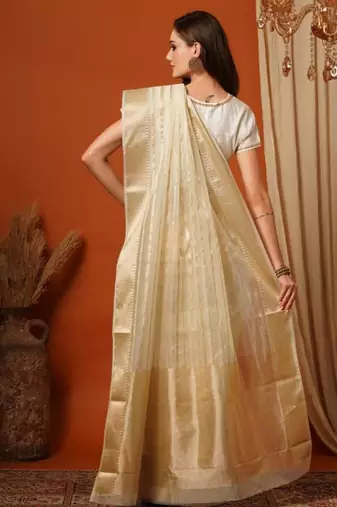 white zari cotton blend kasavu saree with blouse