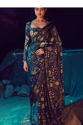 navy blue zari linen blend kasavu printed quasar saree with blouse