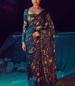 navy blue zari linen blend kasavu printed quasar saree with blouse