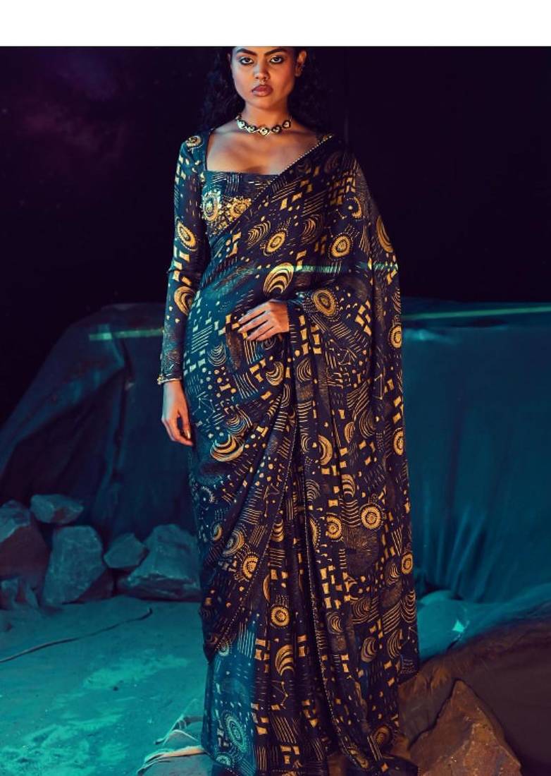 navy blue zari linen blend kasavu printed quasar saree with blouse
