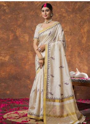 cream zari pure cotton kasavu saree with blouse 1