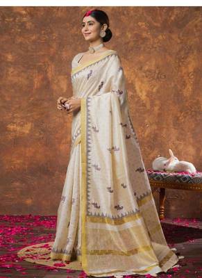 cream zari pure cotton kasavu saree with blouse 3