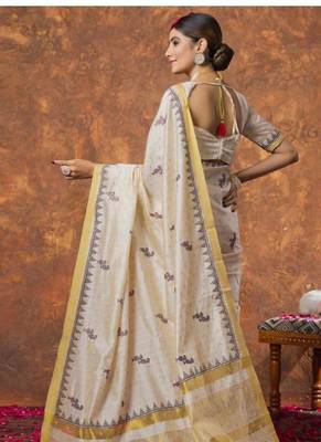 cream zari pure cotton kasavu saree with blouse 4