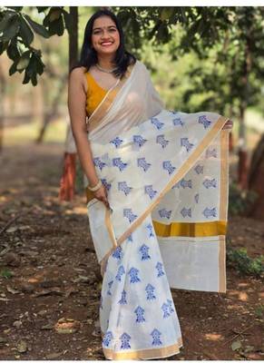 beige zari ethnic motifs pure cotton kasavu saree with blouse 1